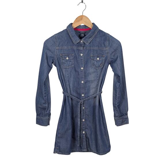Nautica Denim Dress Girls 12 Long Sleeve Snap Close Belted Retro Western Preppy - Picture 1 of 13